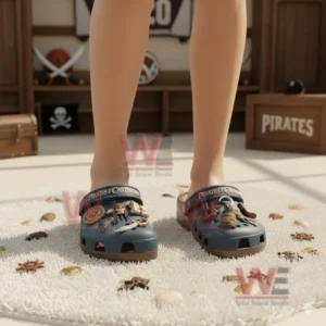 Alt text: Pirates of the Caribbean Crocs clogs with charms on a rug in a pirate-themed room filled with pirate accessories and decor.