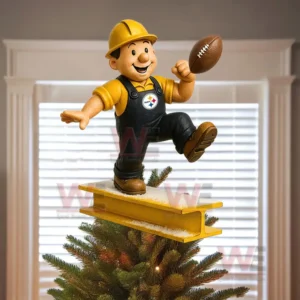 A construction worker figure wearing a yellow helmet and black overalls with the Pittsburgh Steelers logo holding a football and standing on a yellow beam at the top of a Christmas tree!