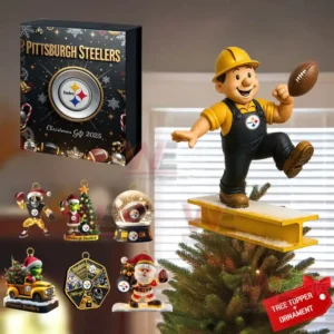 A Pittsburgh Steelers Christmas decoration set with a worker tree topper football ornaments Santa figures and a black and gold 2025 gift box!