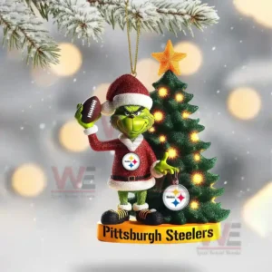 A Pittsburgh Steelers hexagonal ornament hanging on a snowy Christmas tree branch featuring team logos players and mascot!