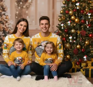 Family wearing Pittsburgh Steelers-themed sweaters with Snoopy by the Christmas tree.