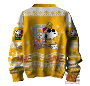 Pittsburgh Steelers Premium NFL Peanuts Snoopy Ugly Sweater 5 Front view of a Pittsburgh Steelers sweater with Snoopy and the Steelers logo.
