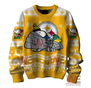 Pittsburgh Steelers Premium NFL Peanuts Snoopy Ugly Sweater 6 Front view of a Pittsburgh Steelers sweater with Snoopy and Woodstock in winter attire.