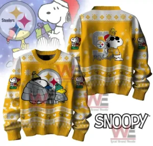 Pittsburgh Steelers Premium NFL Peanuts Snoopy Ugly Sweater 7 Front and back views of a Pittsburgh Steelers sweater with Snoopy, Woodstock, and Steelers logos.