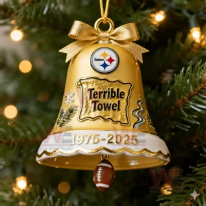 Pittsburgh Steelers Terrible Towel 50th Anniversary golden Christmas bell ornament with football charm and decorative holiday details hanging on a Christmas tree!