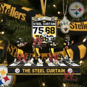 Alt text: A Pittsburgh Steelers Steel Curtain ornament with iconic players from the team’s history, hanging on a decorated Christmas tree.