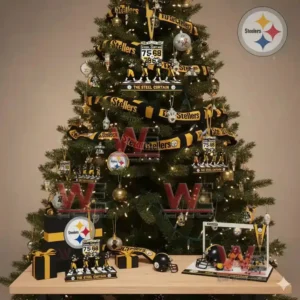 Alt text: A Pittsburgh Steelers-themed Christmas tree decorated with Steel Curtain memorabilia, including ornaments and player figurines displayed on a table.