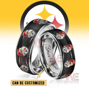 Two silver rings with black festive emblem bands and customizable inner engraving option!