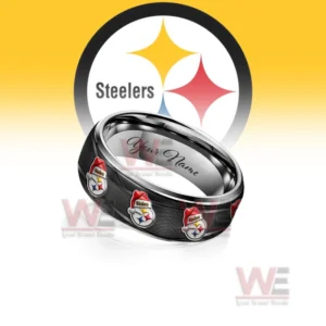 Pittsburgh Steelers x Christmas Silver Tungsten Rings 8 Customizable silver ring with black festive emblem pattern before a team logo background!