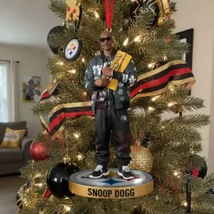 Snoop Dogg Pittsburgh Steelers Christmas ornament hanging on a decorated tree with team themed decorations.