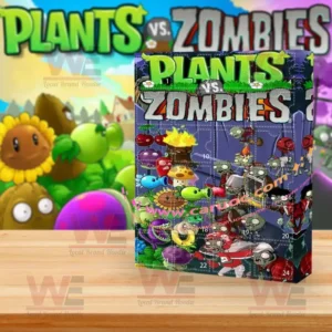 Plants vs Zombies advent calendar box with colorful game artwork on wooden surface and bright background!