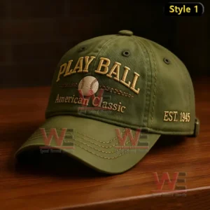 Olive green Play Ball American Classic cap with baseball embroidery and vintage design.