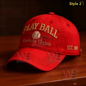 Play Ball American Classic Baseball Cap hat 6 Red Play Ball American Classic cap with embroidered baseball design and gold stitching.