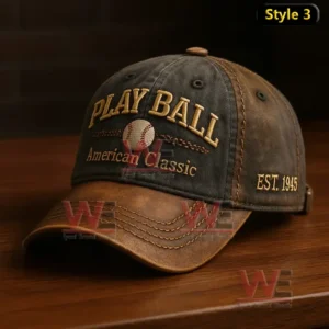 Play Ball American Classic Baseball Cap hat 7 Brown and black vintage Play Ball American Classic cap with gold embroidered text.