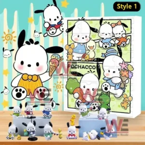 An image of a Pochacco Style 1 advent calendar showing playful artwork and collectible mini figures arranged in front of the colorful box!