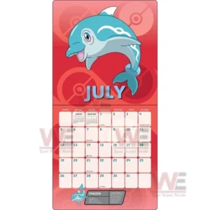 Blue dolphin shaped creature jumping over a red background on a monthly calendar page.