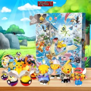 Pokémon advent calendar with water themed artwork and collectible figures displayed on a wooden surface!