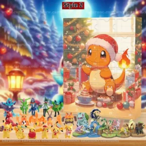 Pokémon advent calendar with Charmander in a Santa hat and collectible Pokémon figures arranged in front!