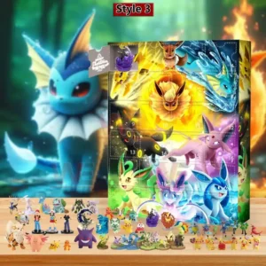 Pokémon advent calendar with Eevee and its evolutions and collectible figures displayed on a wooden surface!