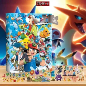 Pokémon advent calendar with the main trainer Pikachu Charizard and collectible Pokémon figures on a wooden surface!