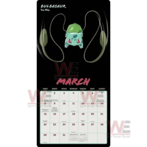 Bulbasaur using vines above a March calendar layout.