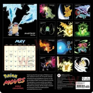 Pokemon Moves 2026 Wall Calendar 8 Multiple Pokemon performing moves around a sample calendar page on a back cover layout.