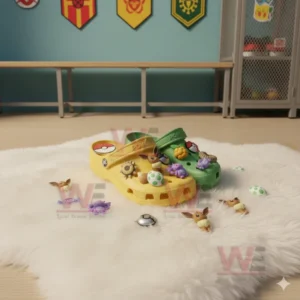 Alt text: Pokémon-themed Crocs clogs with various Pokémon charms, placed on a white rug with scattered Pokémon accessories.