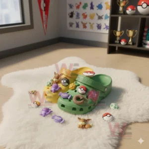 Pokemon Premium Crocs Croband Clogs with Charms 6 Alt text: Pokémon Crocs clogs with charms displayed in a Pokémon-themed room with posters, trophies, and figurines in the background.