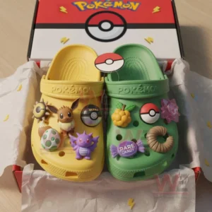 Pokemon Premium Crocs Croband Clogs with Charms 7 Alt text: Pokémon-themed Crocs clogs with various charms inside a branded Pokémon box, featuring a colorful packaging design.