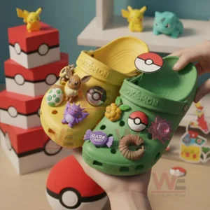 Pokemon Premium Crocs Croband Clogs with Charms 8 Alt text: Pokémon Crocs clogs with charms displayed with Pokéball-themed blocks and Pokémon figurines in the background.