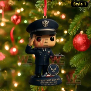 United States Air Force Veterans Day 2025 Christmas ornament featuring Air Force officer saluting on decorated tree!