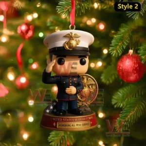 United States Marine Corps Christmas ornament featuring Marine saluting on festive Christmas tree!