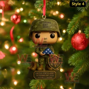 United States Army Veterans Day 2025 Christmas ornament featuring soldier holding American flag on Christmas tree!