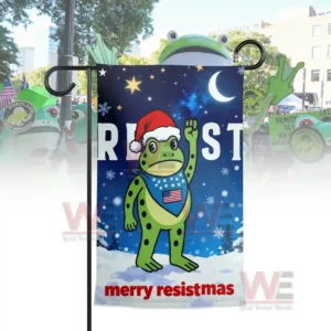 Garden flag with a cartoon frog in a Santa hat raising a fist, snowflakes, and "RESIST" text.