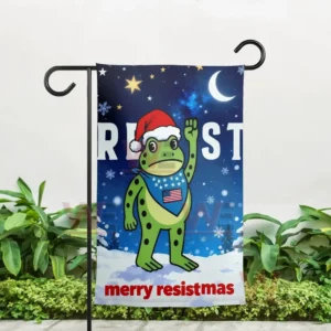 Garden flag with a cartoon frog in a Santa hat raising a fist, snowflakes, and 