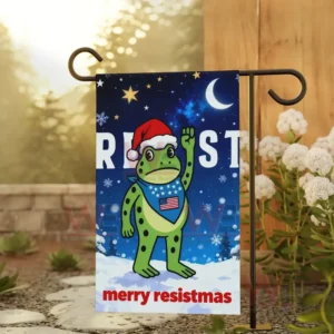 Garden flag with a cartoon frog in a Santa hat raising a fist, snowflakes, and 