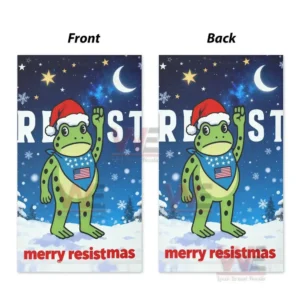Front and back view of a garden flag with a frog in a Santa hat raising a fist, snowflakes, and 