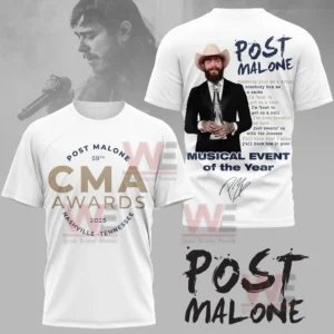 White t-shirt with Post Malone's CMA Awards recognition and award image.