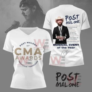 Post Malone 2025 CMA Awards Shirt and Hoodie 7 White V-neck t-shirt with Post Malone's CMA recognition and lyrics.