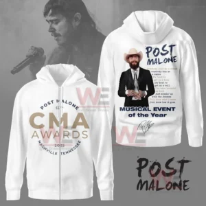 Post Malone 2025 CMA Awards Shirt and Hoodie 8 White hoodie with Post Malone’s CMA recognition and award image.