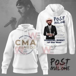 Post Malone 2025 CMA Awards Shirt and Hoodie 9 White hoodie with Post Malone’s award and lyrics design.