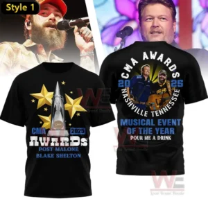Black t-shirt with Post Malone and Blake Shelton's CMA recognition for Musical Event of the Year.