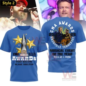 Blue t-shirt with CMA recognition for Post Malone and Blake Shelton's Musical Event of the Year.