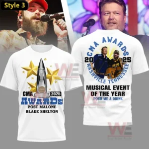 White t-shirt celebrating Post Malone and Blake Shelton’s CMA win for Musical Event of the Year.