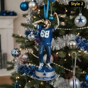 Post Malone Dallas Cowboys Ornament 5 A singing figure ornament on a base labeled Post Malone hanging on a Christmas tree decorated in blue and silver!