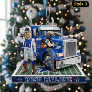 Post Malone Dallas Cowboys Ornament 6 A blue truck ornament with two figures standing on a field platform labeled Post Malone!