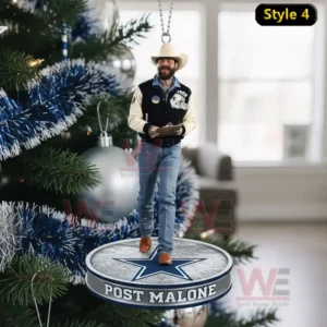 Post Malone Dallas Cowboys Ornament 7 A cowboy themed figure ornament on a base labeled Post Malone hanging on a Christmas tree!