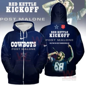 Alt text: A navy hoodie with the Dallas Cowboys logo and an image of Post Malone performing at the Red Kettle Kickoff event.