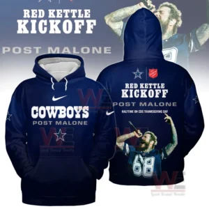 Alt text: A hoodie with Post Malone's image on the back and the Dallas Cowboys logo on the front, promoting the Red Kettle Kickoff event.