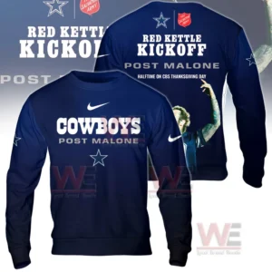 Alt text: A long-sleeve shirt featuring the Dallas Cowboys logo and Post Malone's image for the Red Kettle Kickoff event.